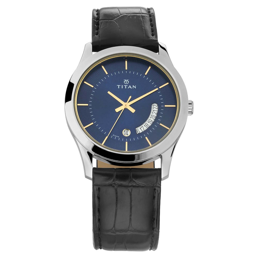 Titan Blue Dial Black Leather Strap Analog with Date Watch for Men