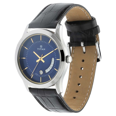 Titan Blue Dial Black Leather Strap Analog with Date Watch for Men