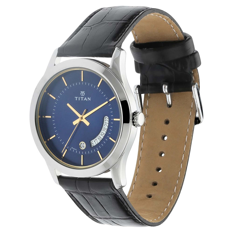 Titan Blue Dial Black Leather Strap Analog with Date Watch for Men