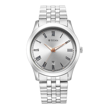 Titan Quartz Analog Silver White Dial Metal Strap Watch for Men