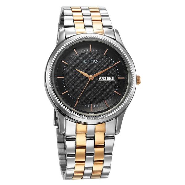 Titan Black Dial Two Toned Stainless Steel Strap Analog with Day and Date Watch for Men