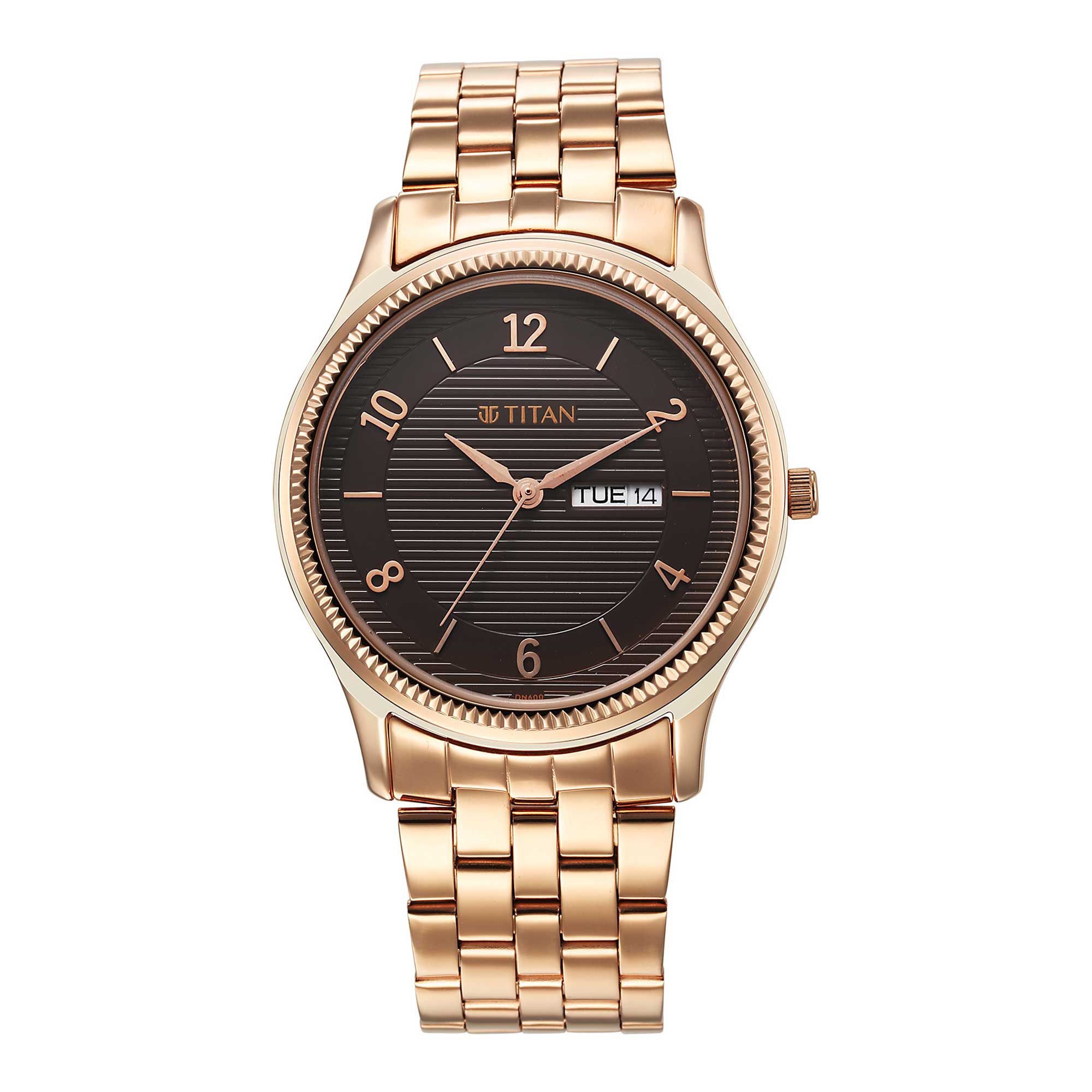 Titan Brown Dial Rose Gold Stainless Steel Strap Analog with Day and Date Watch for Men