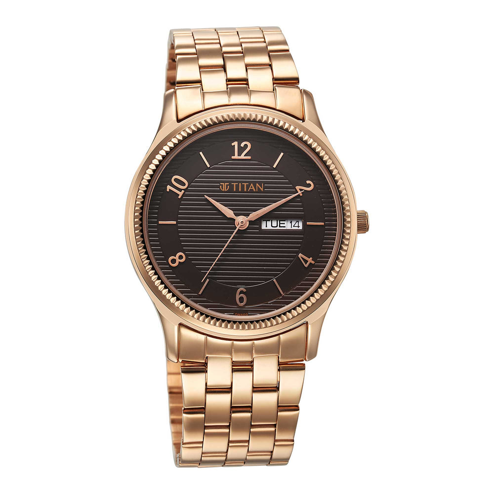 Titan Brown Dial Rose Gold Stainless Steel Strap Analog with Day and Date Watch for Men
