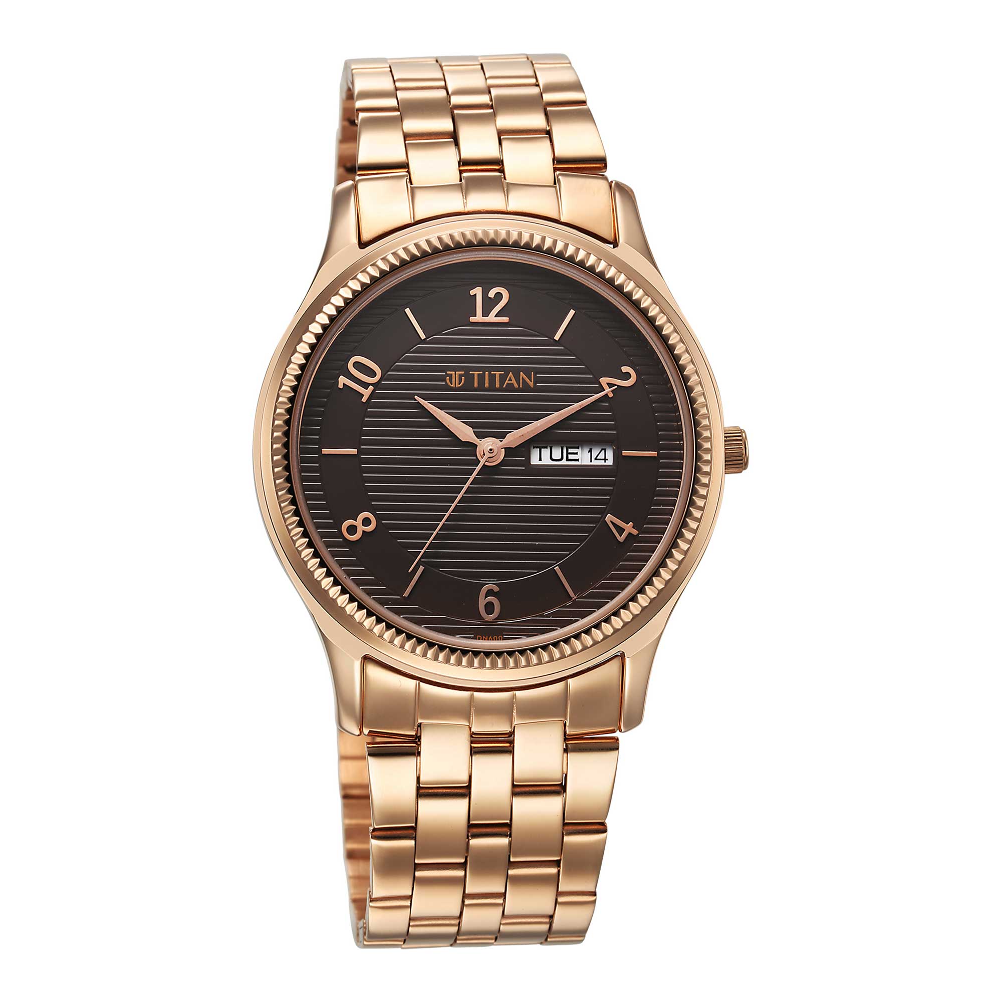 Titan Brown Dial Rose Gold Stainless Steel Strap Analog with Day and Date Watch for Men