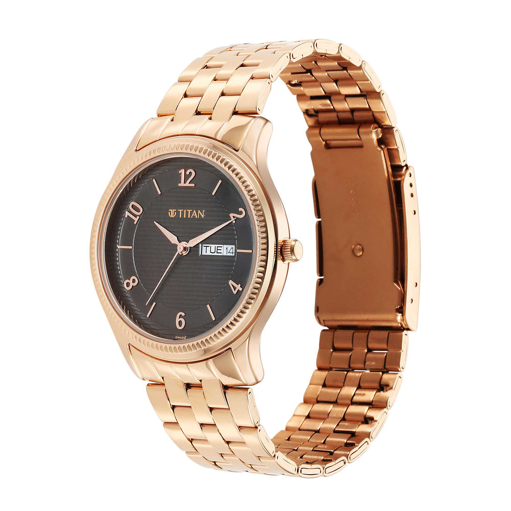Titan Brown Dial Rose Gold Stainless Steel Strap Analog with Day and Date Watch for Men