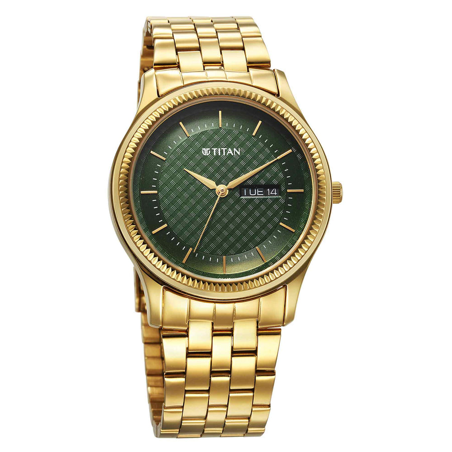 Titan Green Dial Gold Stainless Steel Strap Analog with Day and Date Watch for Men