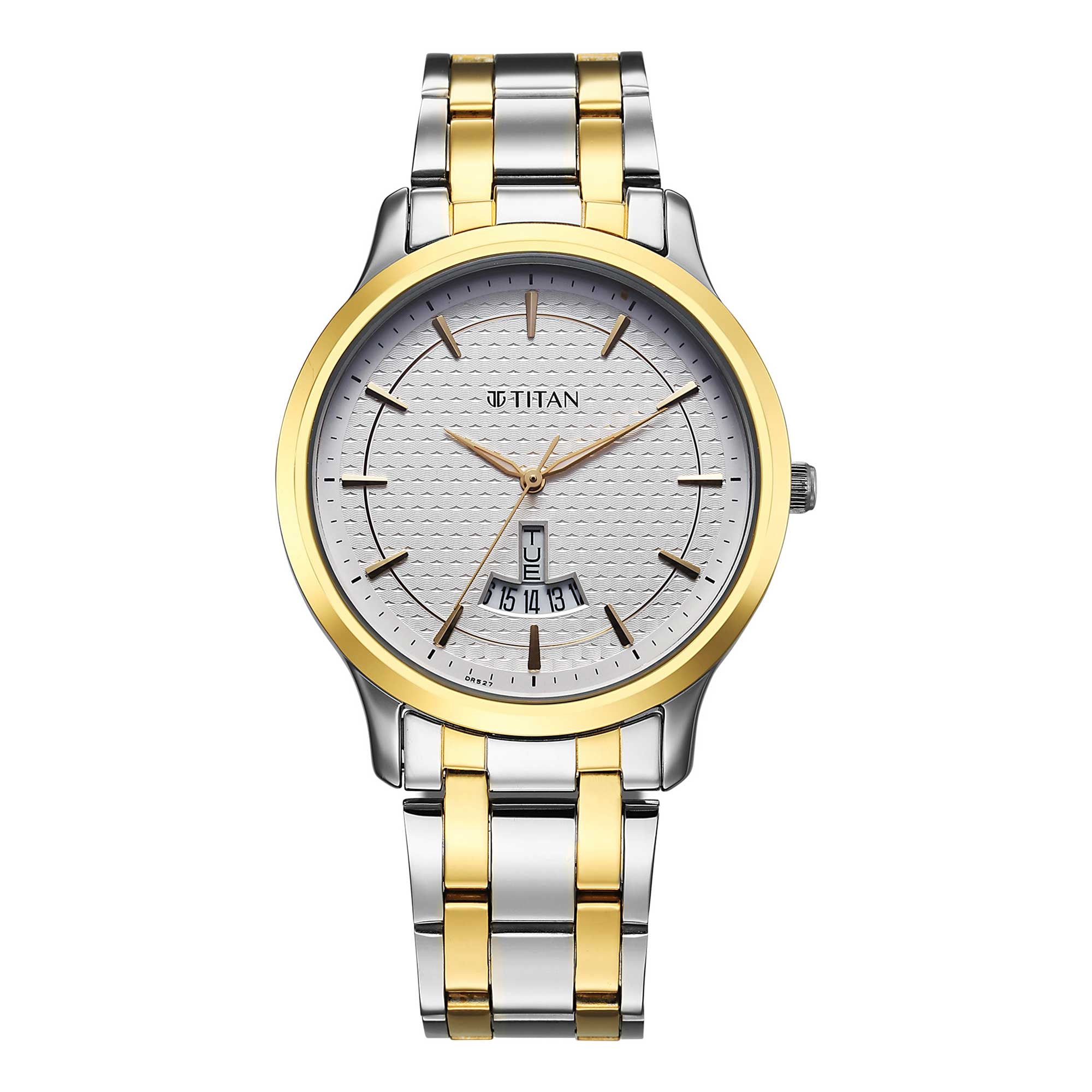 Titan analog watch for men with white textured dial, gold bezel, day date display, & two tone strap.
