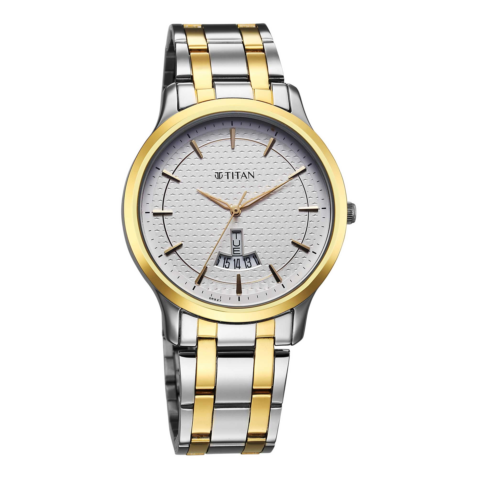Elegant Titan analog watch for men with white textured dial gold bezel and two-toned steel strap.
