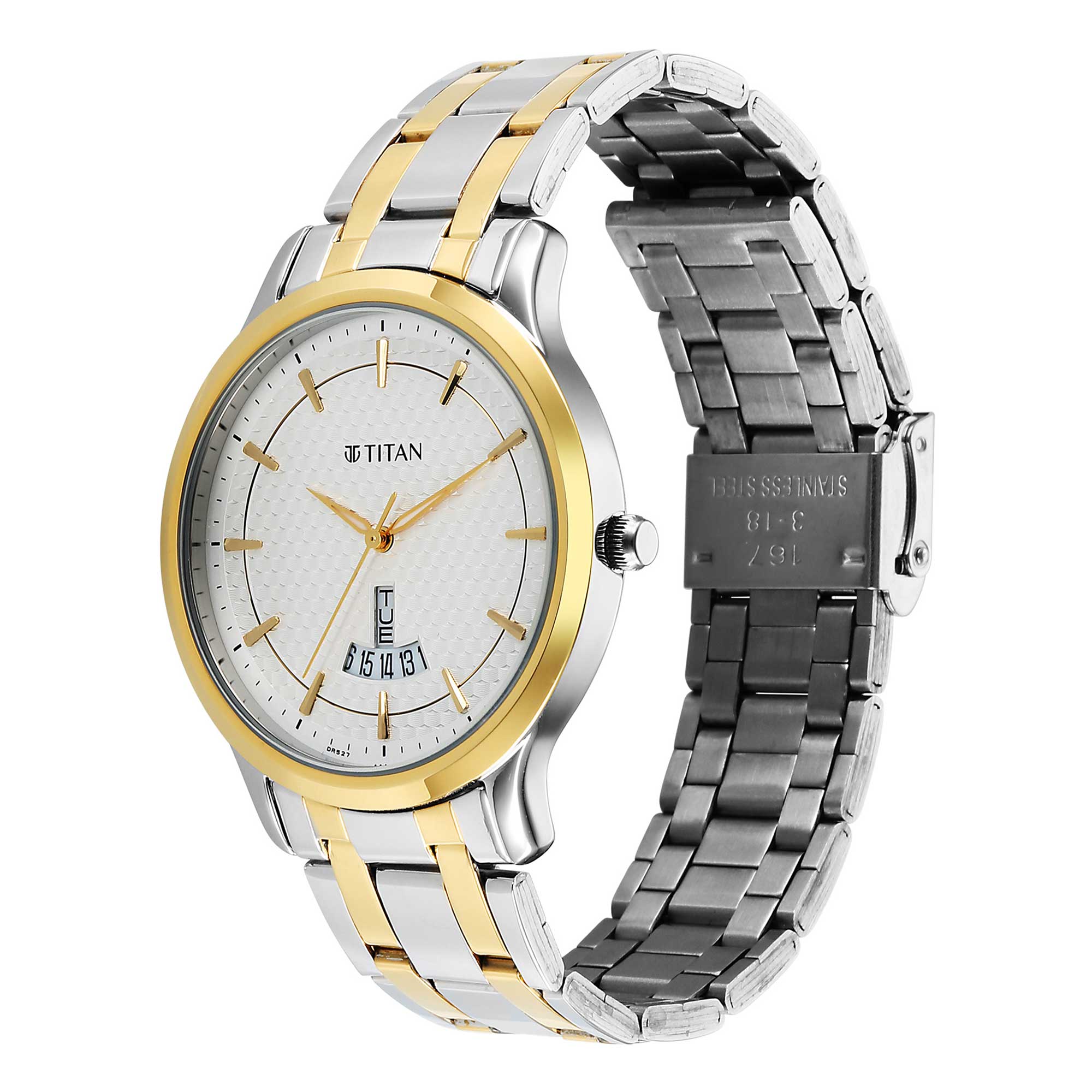Angled view of Titan analog watch for men with white dial gold bezel and silver gold steel strap.