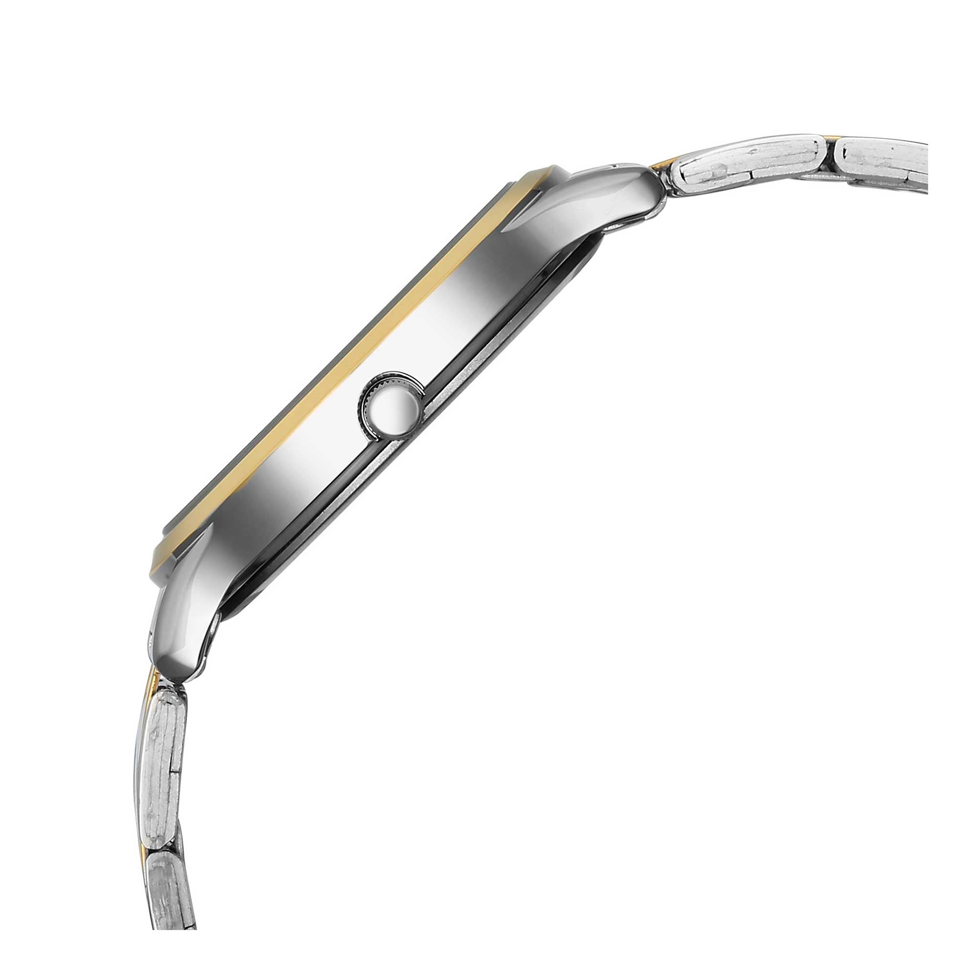 Slim side profile of Titan analog men's watch with gold bezel stainless steel case & two tone strap.