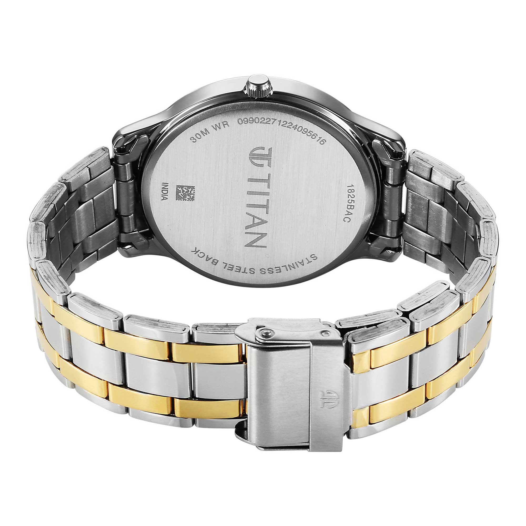 Rear view of Titan analog watch for men with two toned stainless steel strap and engraved caseback.