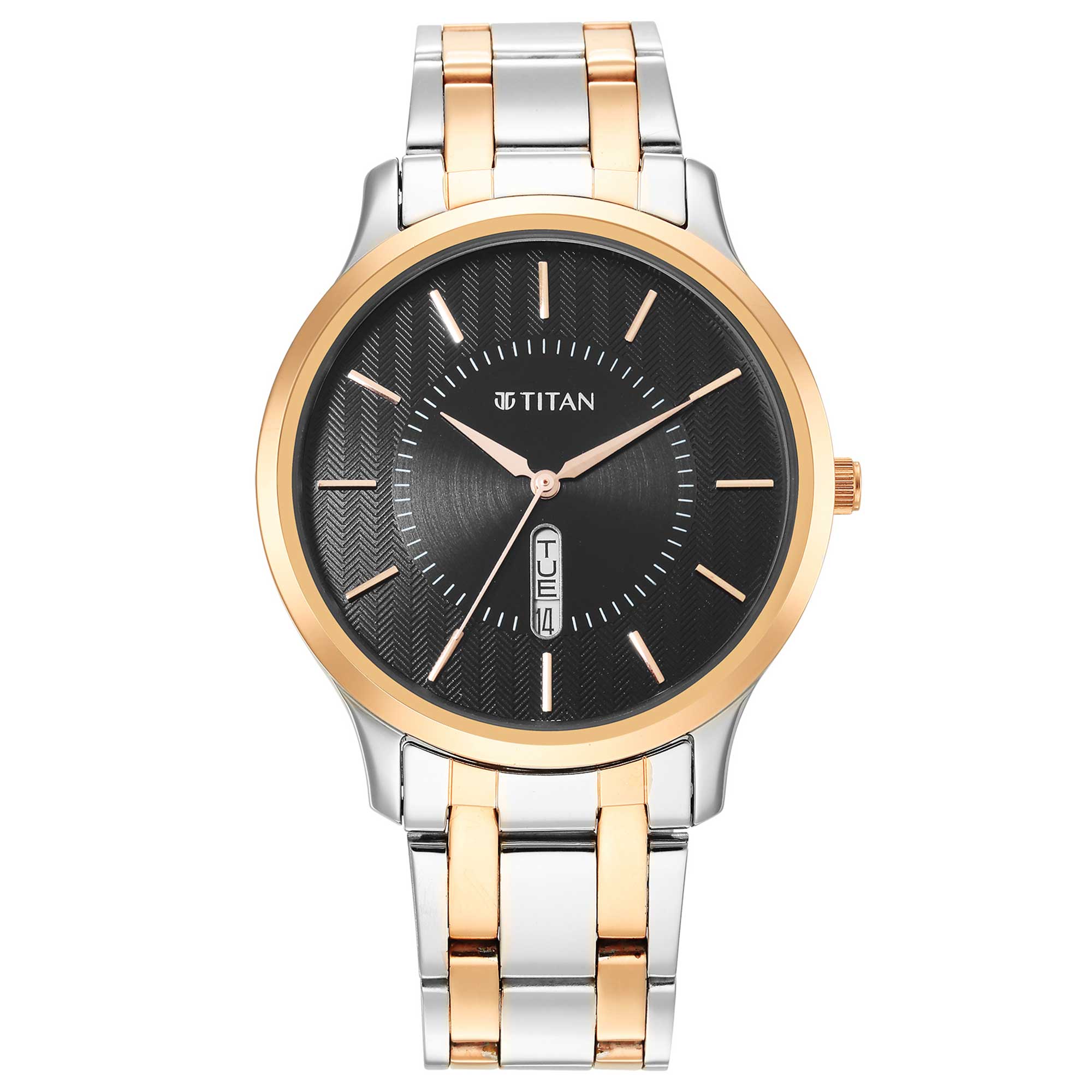 Titan Karishma Black Dial Dual Color Metal Strap Analog with Day-Date Watch for Men