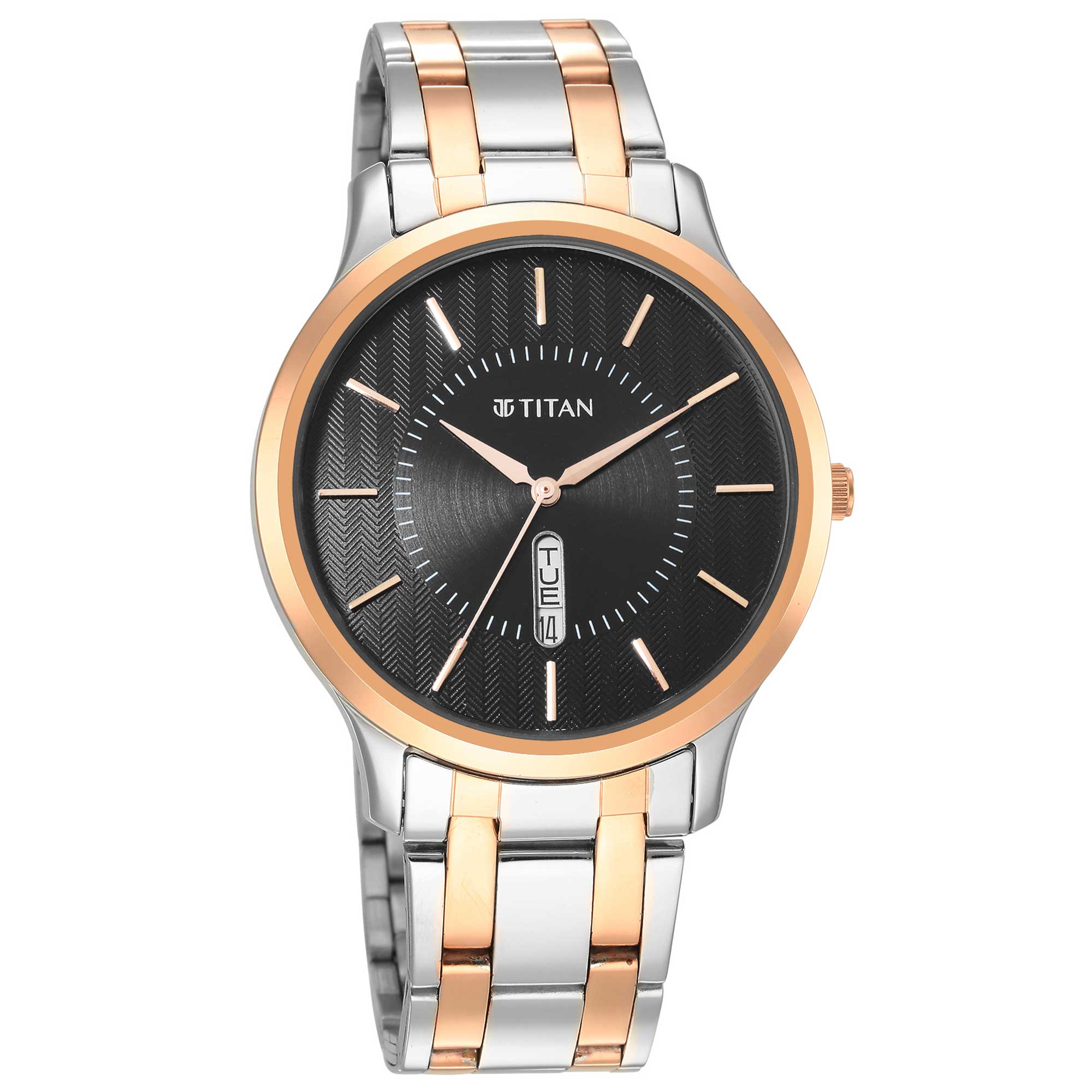 Titan Karishma Black Dial Dual Color Metal Strap Analog with Day-Date Watch for Men
