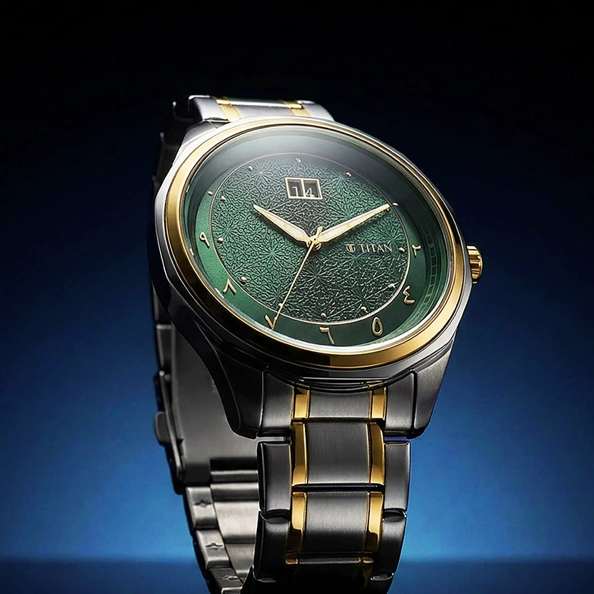 Titan Green Dial Two Toned Stainless Steel Strap Analog with Date Watch For Men