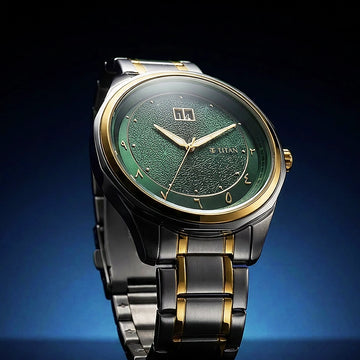 Titan Green Dial Two Toned Stainless Steel Strap Analog with Date Watch For Men