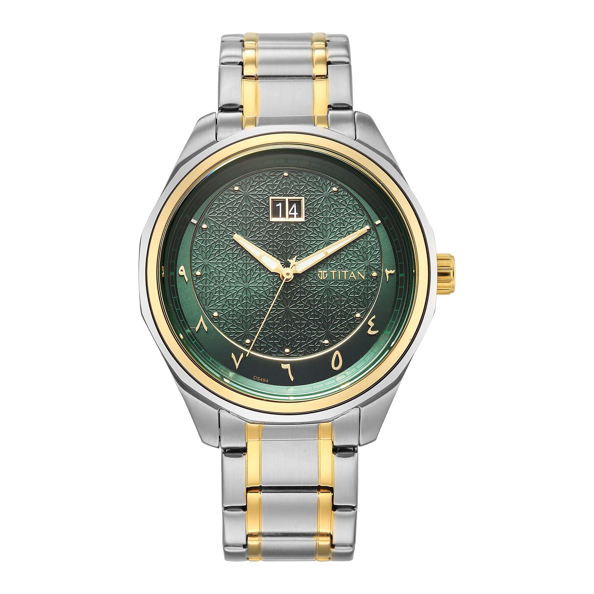 Titan Green Dial Two Toned Stainless Steel Strap Analog with Date Watch For Men