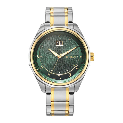 Titan Green Dial Two Toned Stainless Steel Strap Analog with Date Watch For Men