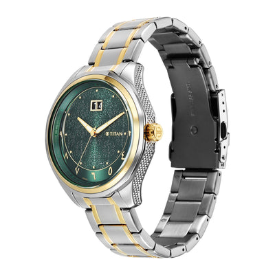 Titan Green Dial Two Toned Stainless Steel Strap Analog with Date Watch For Men