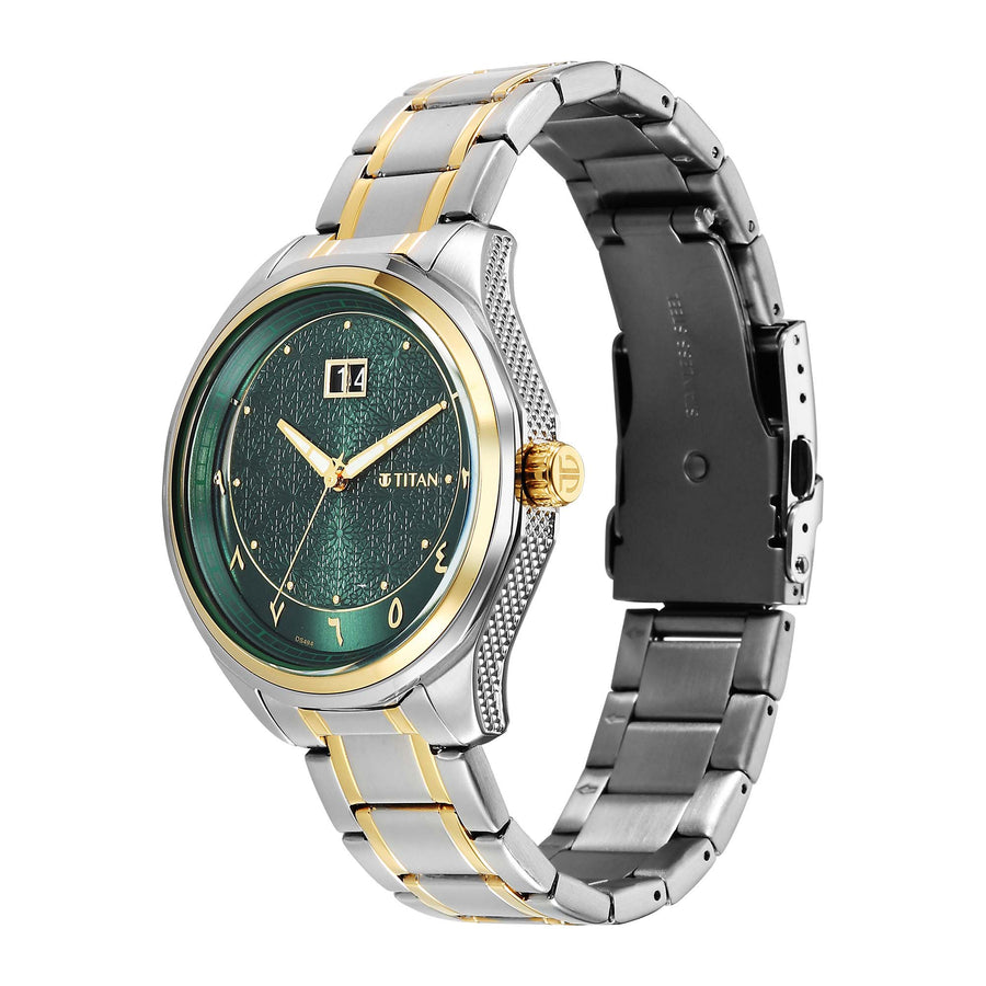 Titan Green Dial Two Toned Stainless Steel Strap Analog with Date Watch For Men