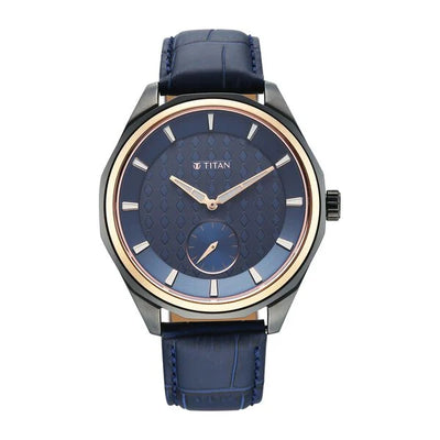 Titan Blue Dial Leather Strap Offset Second Hand Analog Watch For Men
