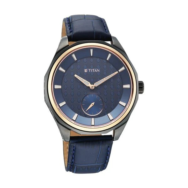 Titan Blue Dial Leather Strap Offset Second Hand Analog Watch For Men