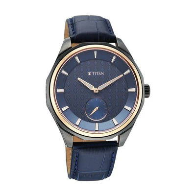 Titan Blue Dial Leather Strap Offset Second Hand Analog Watch For Men