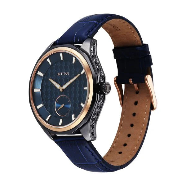Titan Blue Dial Leather Strap Offset Second Hand Analog Watch For Men