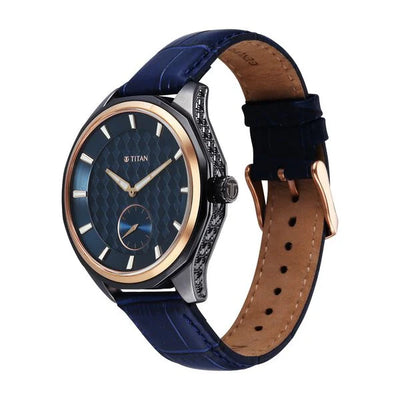 Titan Blue Dial Leather Strap Offset Second Hand Analog Watch For Men