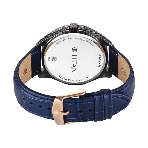 Titan Blue Dial Leather Strap Offset Second Hand Analog Watch For Men