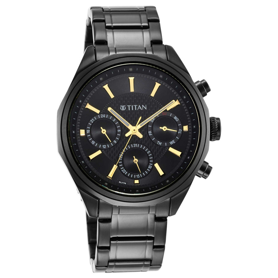 Titan Regalia Black Dial Stainless Steel Strap Multifunction Quartz Watch for Men