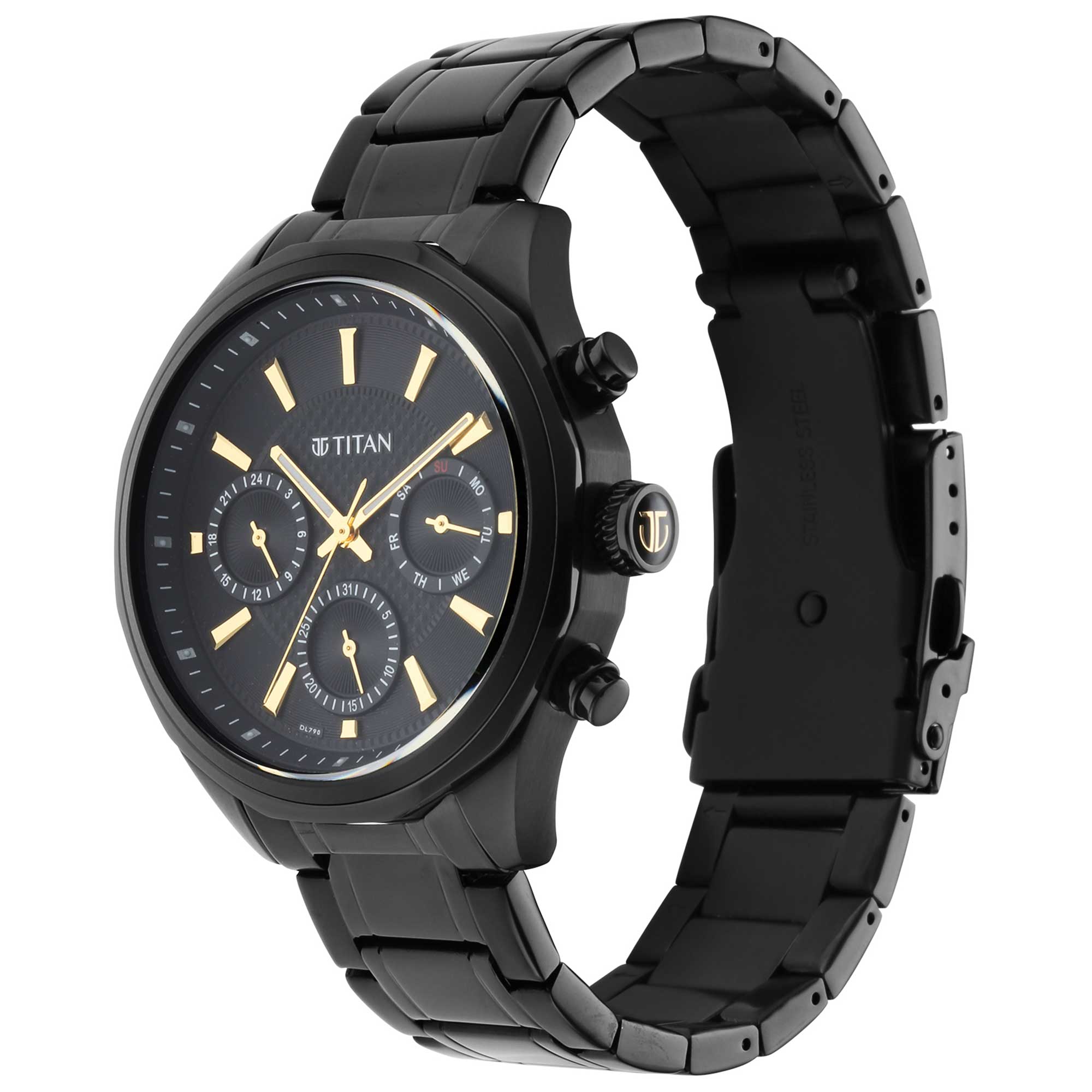 Titan Regalia Black Dial Stainless Steel Strap Multifunction Quartz Watch for Men