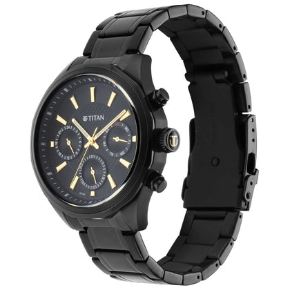Titan Black Dial Stainless Steel Strap Multifunction Quartz Watch for Men