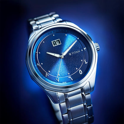 Titan Blue Dial Silver Stainless Steel Strap Analog with Date Watch For Men