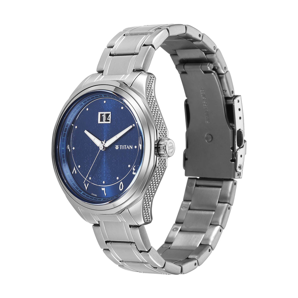 Titan Blue Dial Silver Stainless Steel Strap Analog with Date Watch For Men
