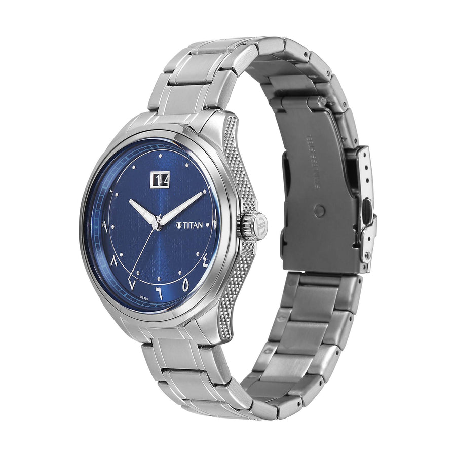 Titan Blue Dial Silver Stainless Steel Strap Analog with Date Watch For Men
