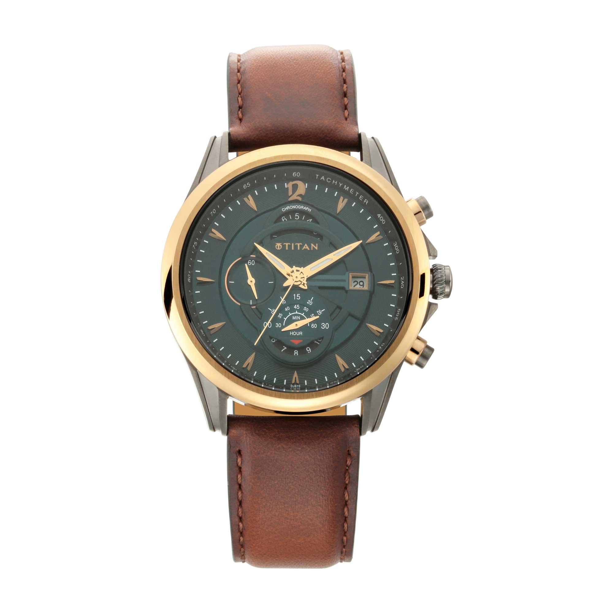 Elegant Titan Maritime chronograph with green dial, gold bezel, brown leather strap watch for men.