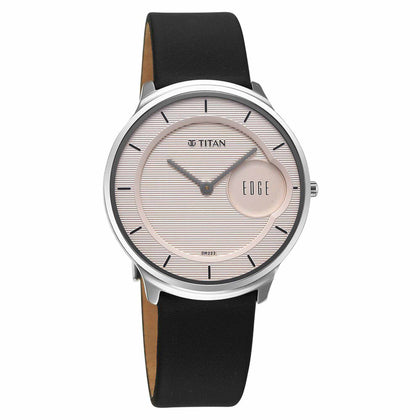 Titan Edge Murals Quartz Analog Pink Dial Black Leather Strap Watch For Men