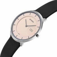 Titan Edge Murals Quartz Analog Pink Dial Black Leather Strap Watch For Men