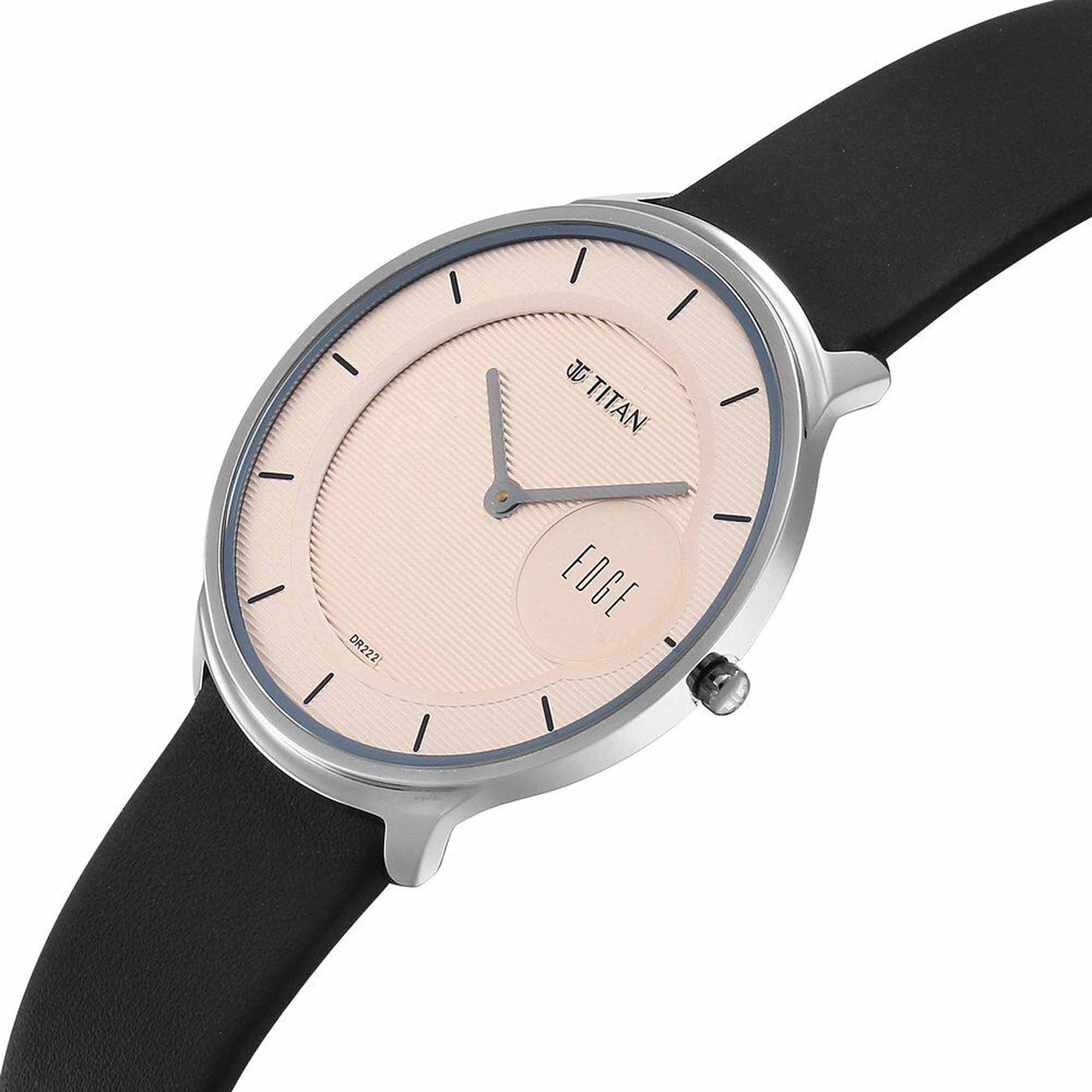 Titan Edge Murals Quartz Analog Pink Dial Black Leather Strap Watch For Men