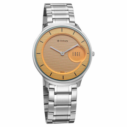 Titan Edge Murals Quartz Analog Yellow Dial Stainless Steel Strap Watch For Men