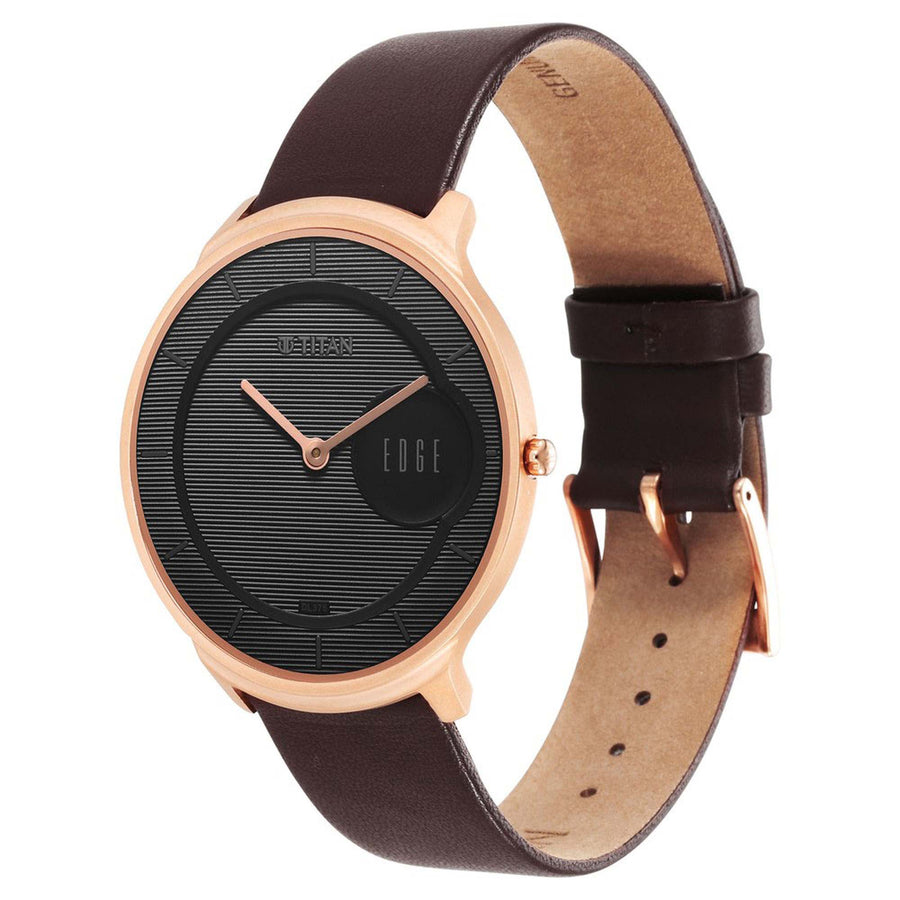 Titan Edge Black Dial Brown Leather Strap Analog Watch for Men