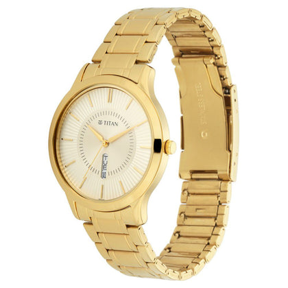 Titan Quartz Analog with Day and Date Yellow Dial Metal Strap Watch for Men