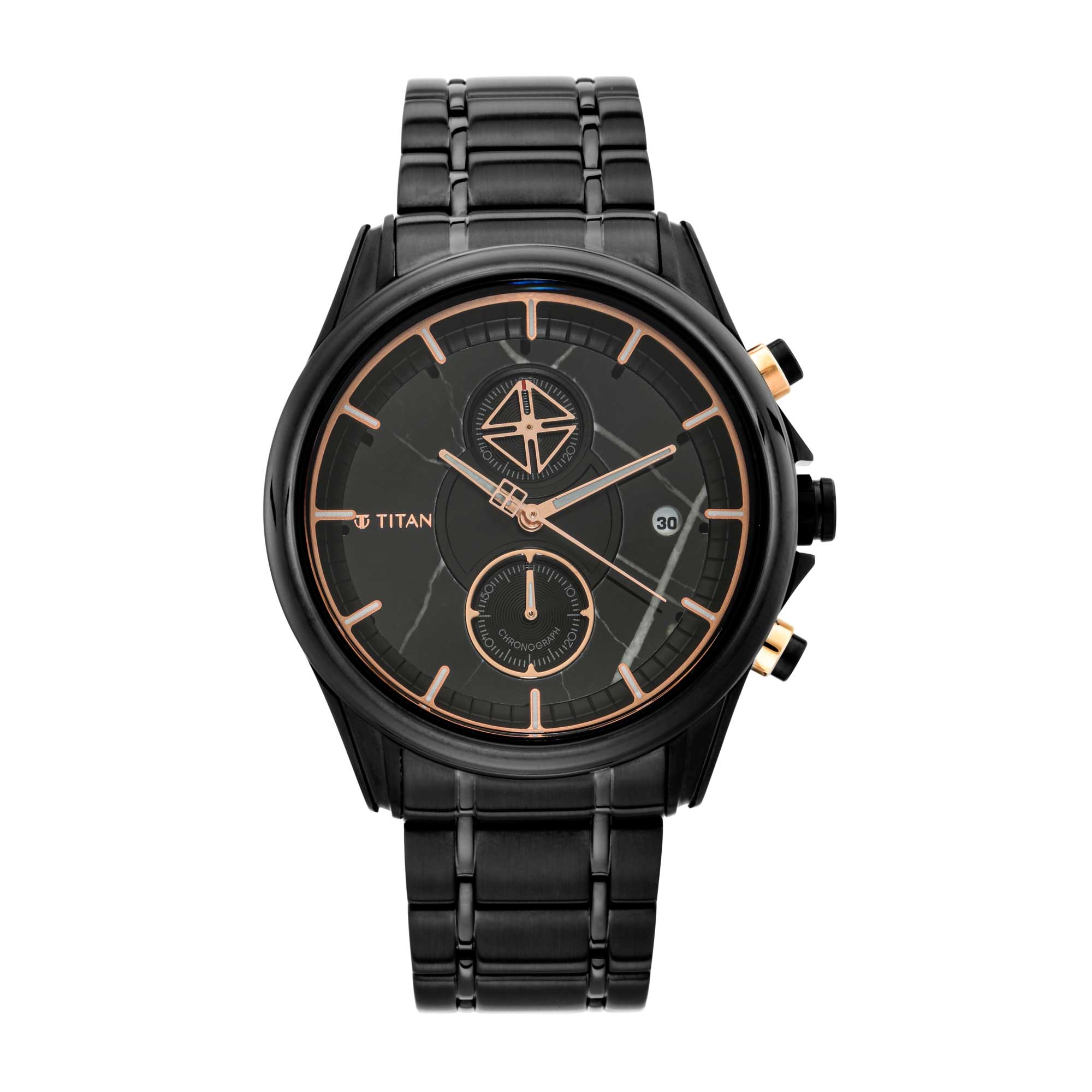 Titan Grandmaster Black Dial Stainless Steel Strap Chronograph Quartz Watch for Men