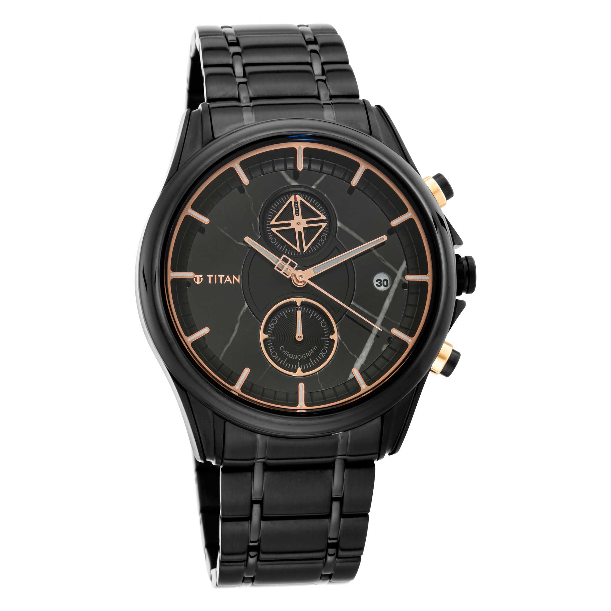 Titan Grandmaster Black Dial Stainless Steel Strap Chronograph Quartz Watch for Men