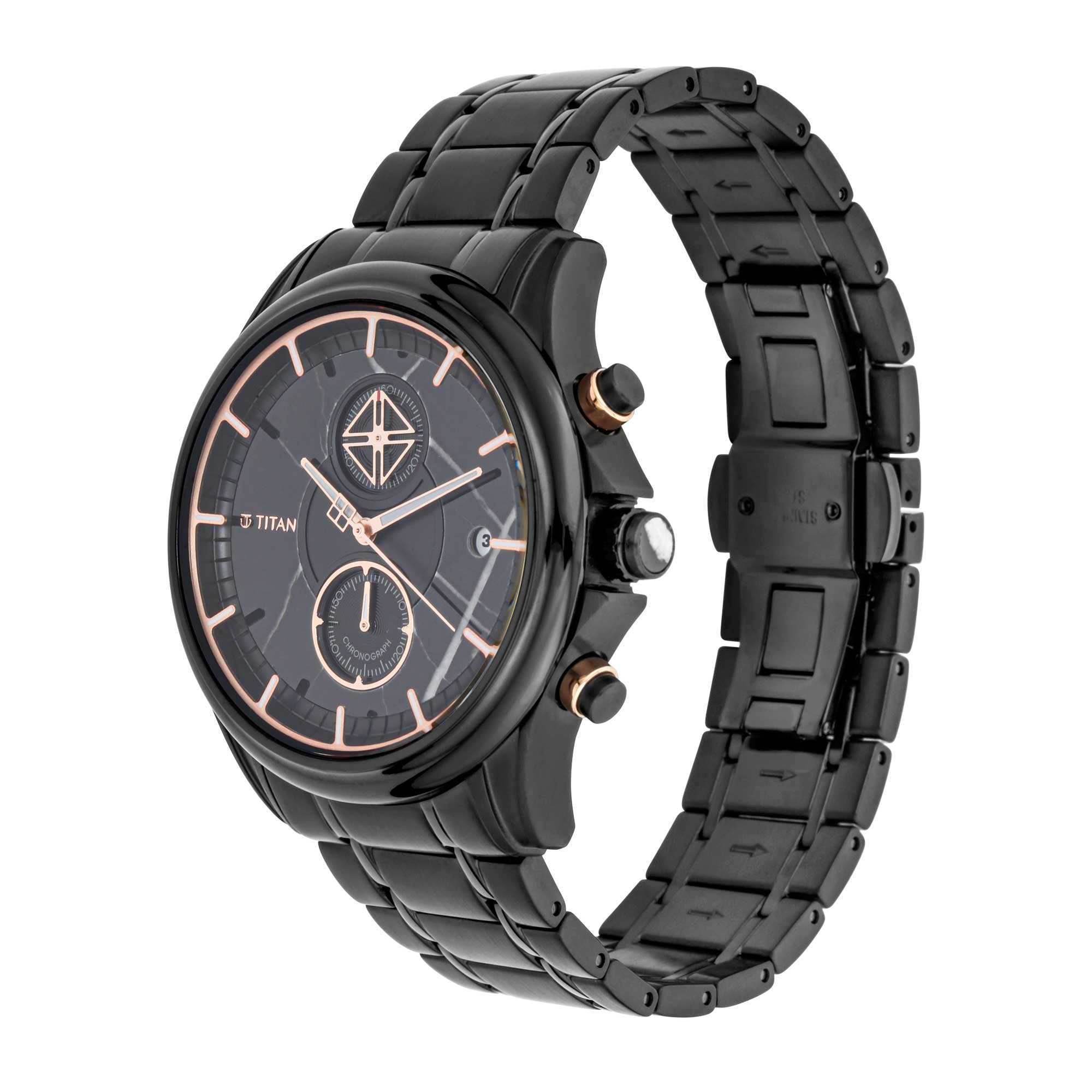 Titan Grandmaster Black Dial Stainless Steel Strap Chronograph Quartz Watch for Men