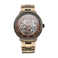 Titan Quartet automatic men’s watch with brown skeleton dial & brushed golden stainless steel strap.