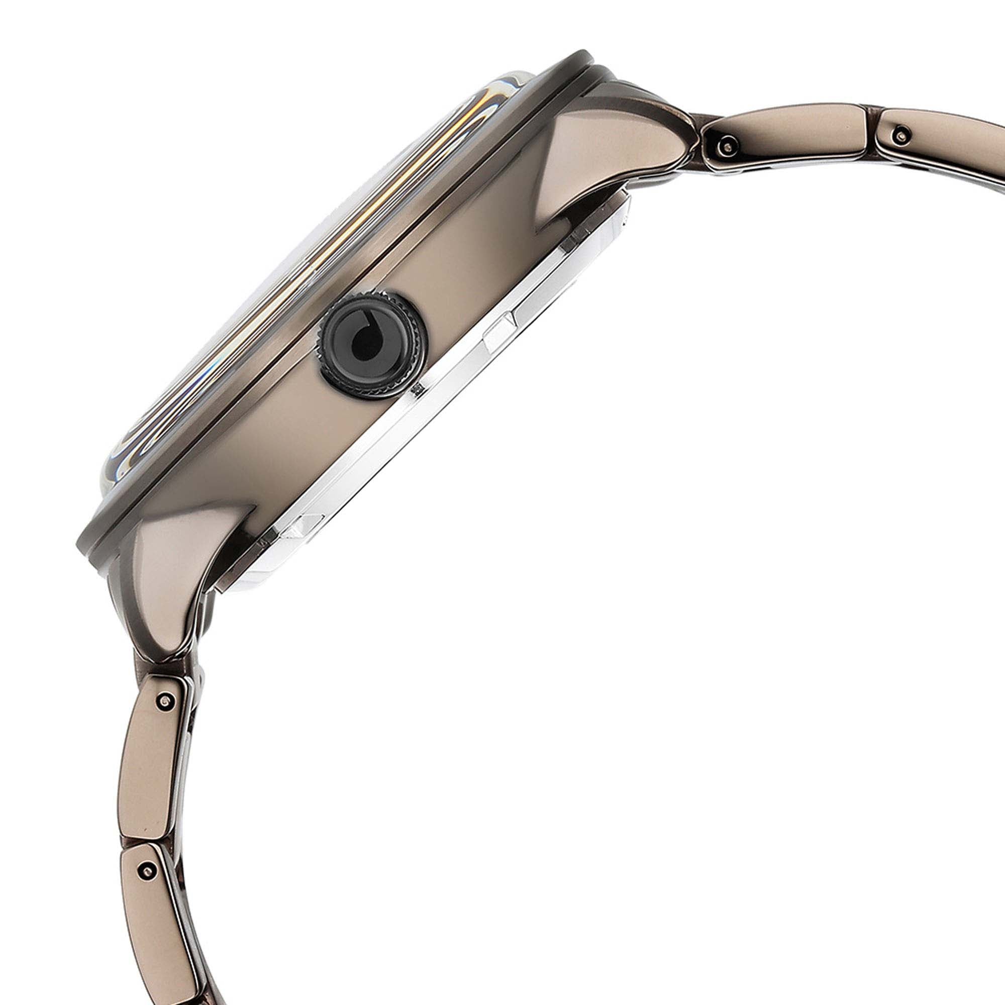 Side view highlights Titan Quartet automatic watchcase thickness with crown & champagne steel strap.