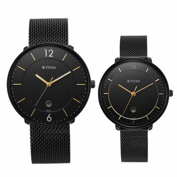 Titan Bandhan Black Dial Analog with Date Stainless Steel Strap watch for Couple