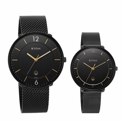 Titan Bandhan Black Dial Analog with Date Stainless Steel Strap watch for Couple