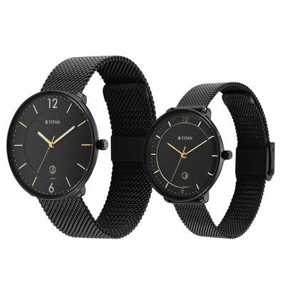 Titan Bandhan Black Dial Analog with Date Stainless Steel Strap watch for Couple